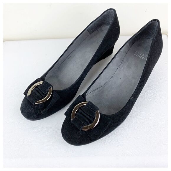 Stuart Weitzman Caring Black Suede Low Wedge Silver Ring Accent 8.5 - Picture 4 of 10